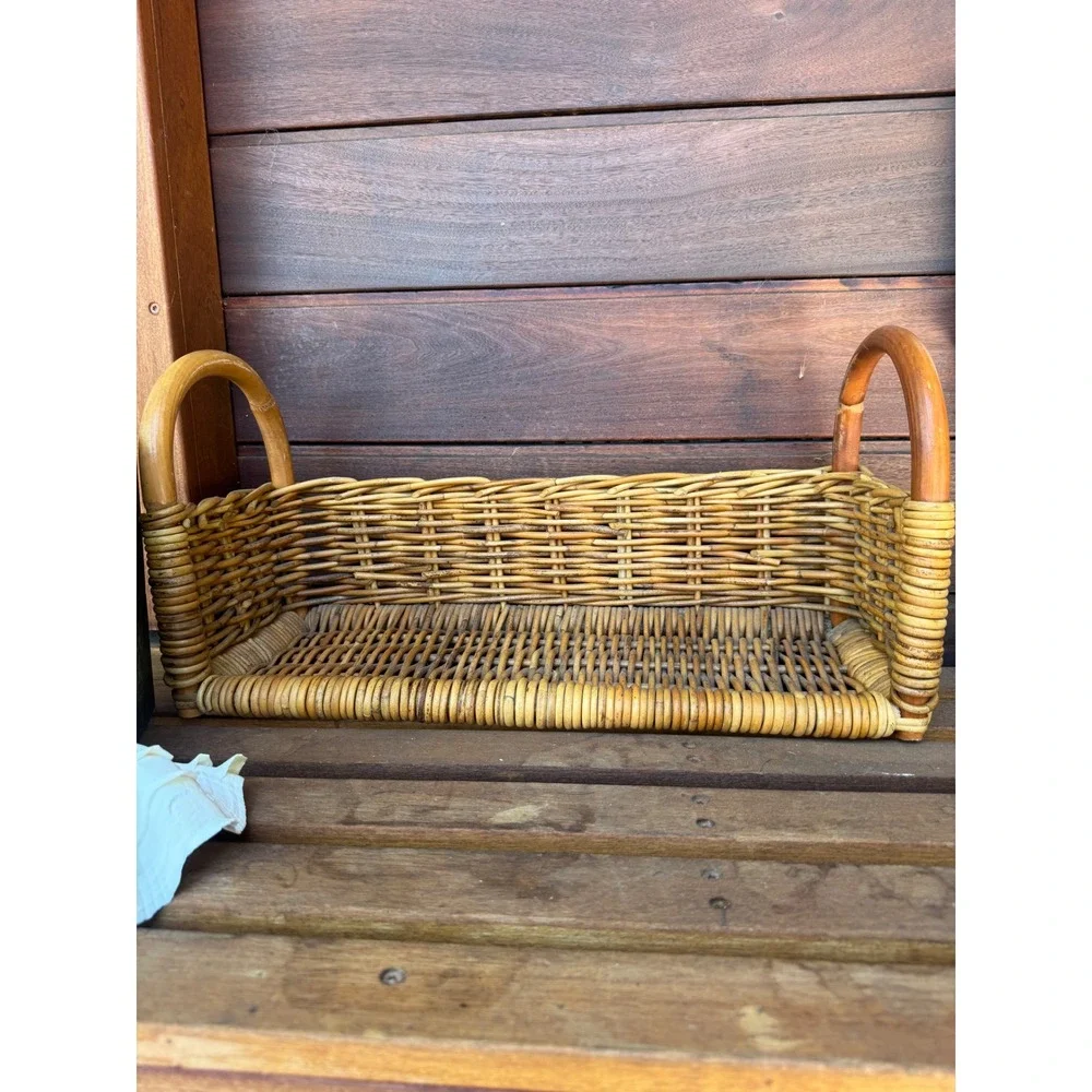 Vintage Wicker Rattan Storage Basket Rectangular Caddy with Handles 20x11x8